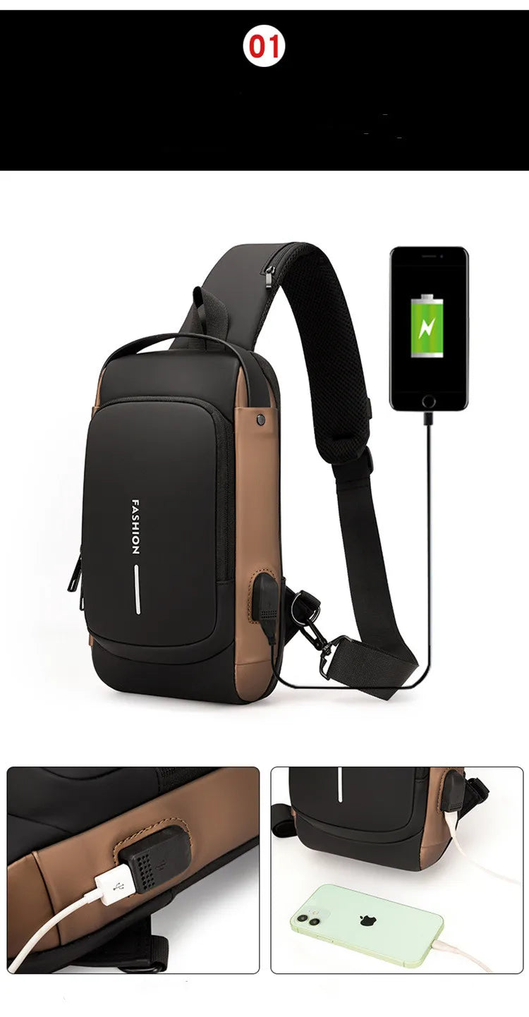 Chest Bag for Men Crossbody Bag Waterproof USB Shoulder Bag