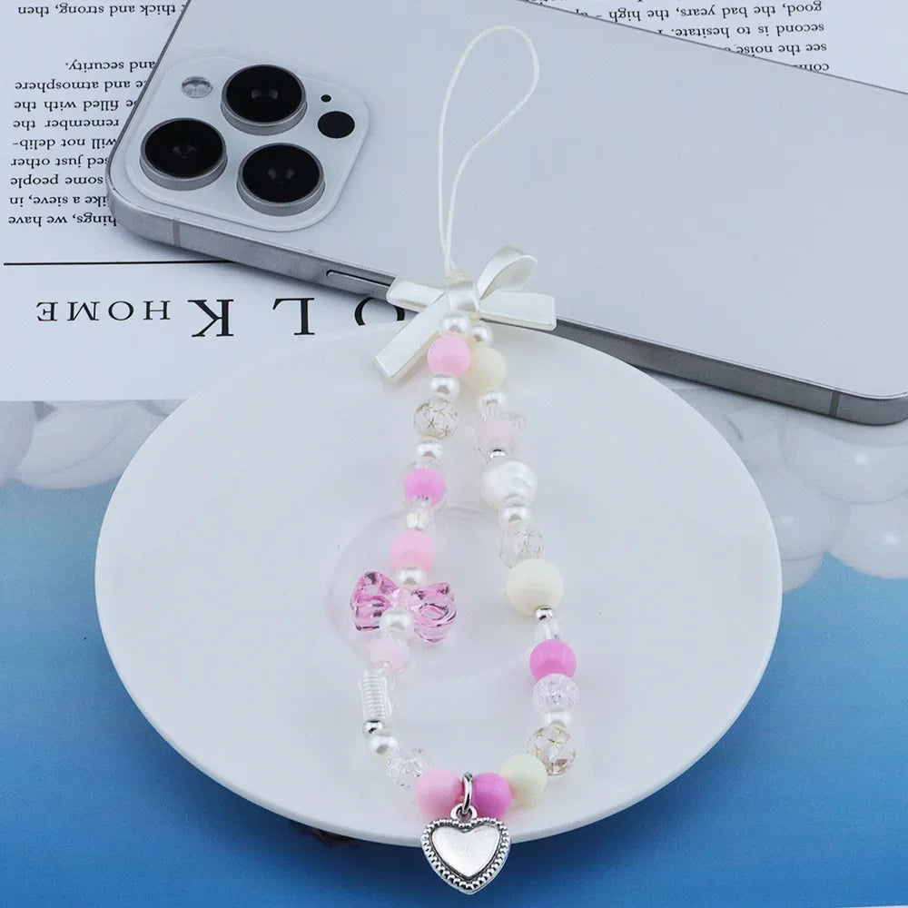 Diy Korean Pink Bear Butterfly Flower Phone Chain Trendy Pendant IPhone Samsung Universal Accessories Cute Phone Hanging Rope