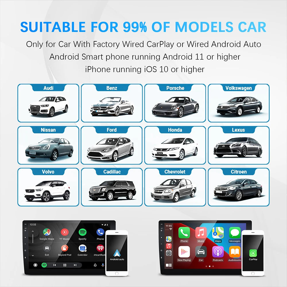 Wireless Carplay Adapter Android Auto Wireless Smart Dongle 2in1 For Volvo Benz Audi Kia Hyundai VW Mazda Cadillac MG Peugeot