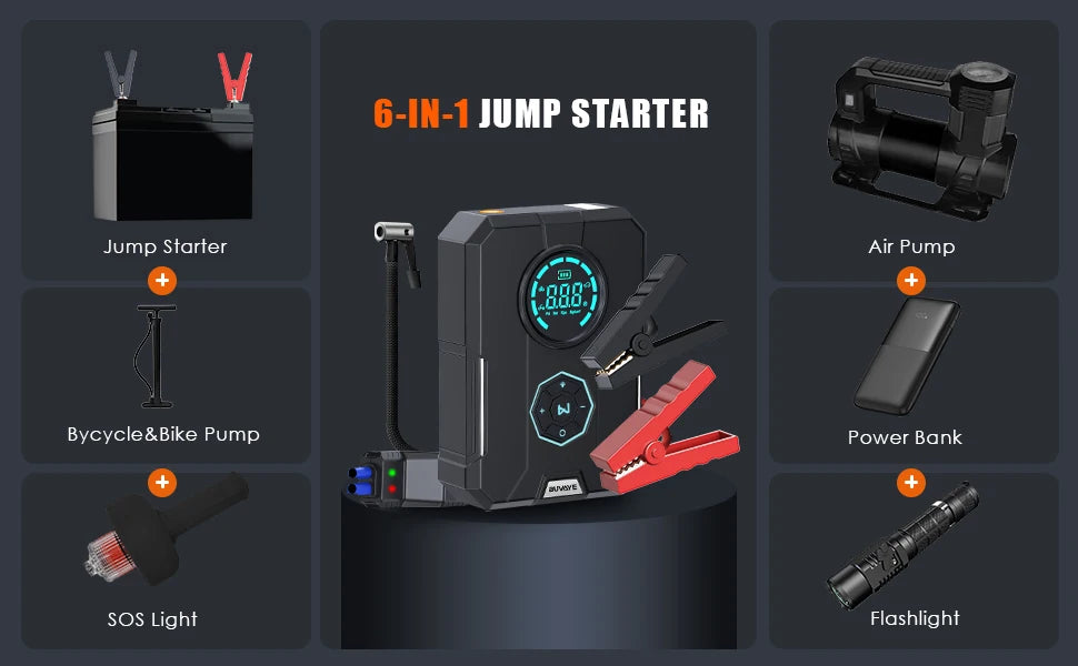 6 In 1 Car Jump Starter Air Pump Portable Air Compressor Power Bank