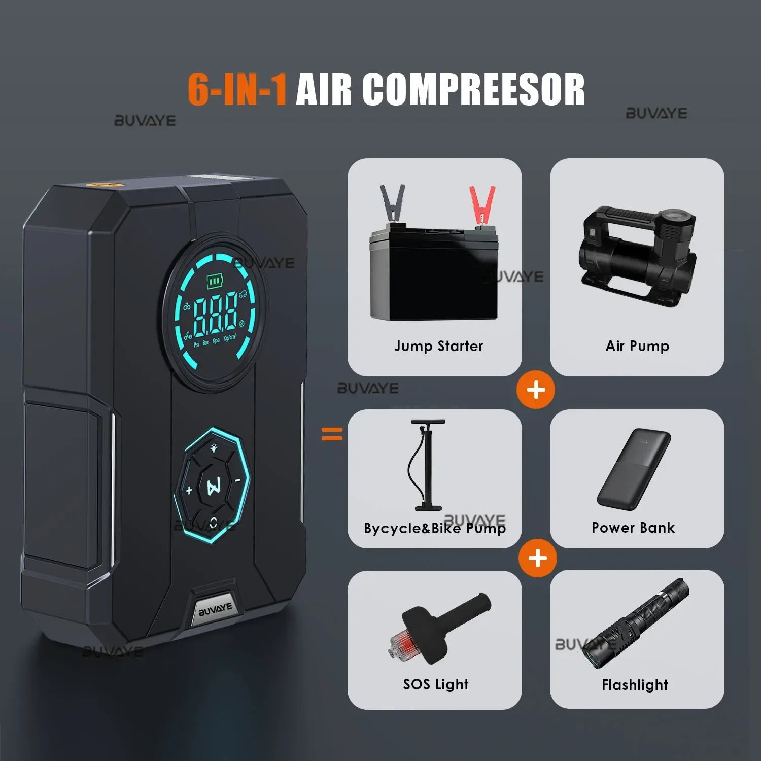 6 In 1 Car Jump Starter Air Pump Portable Air Compressor Power Bank