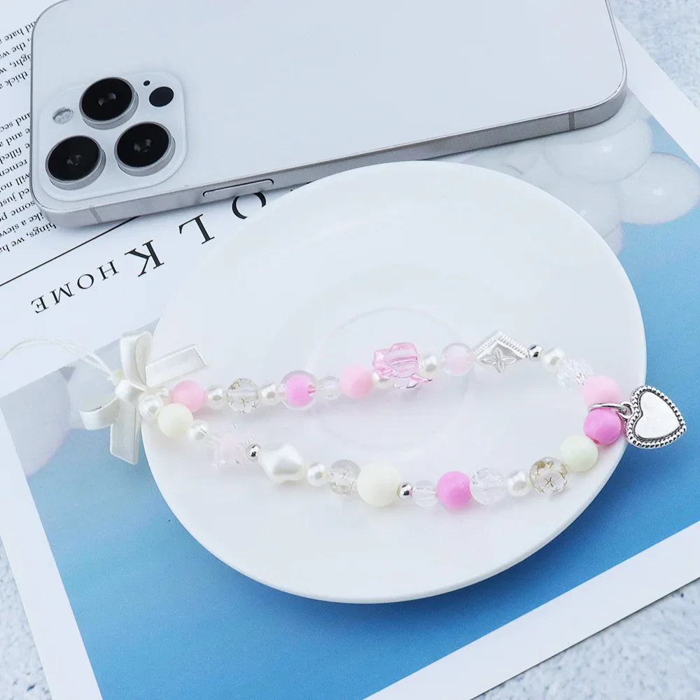 Diy Korean Pink Bear Butterfly Flower Phone Chain Trendy Pendant IPhone Samsung Universal Accessories Cute Phone Hanging Rope