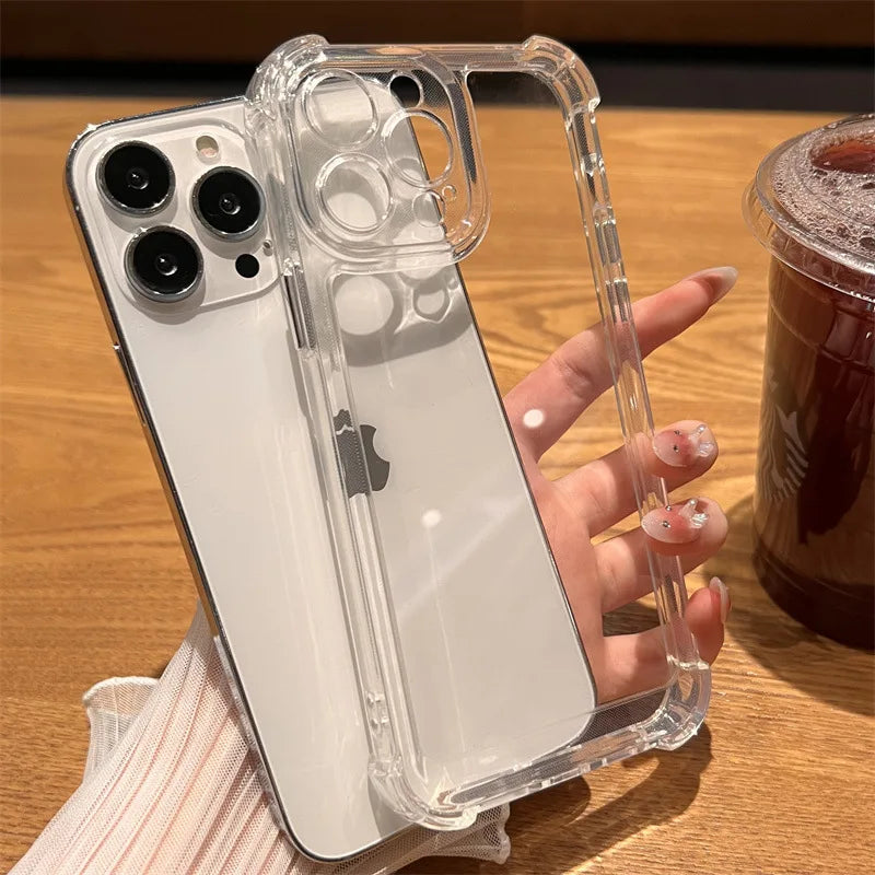 Shockproof Phone Case for iPhone 11 12 13 14 15 Pro Max Plus X XS XR Transparent Bumper Acrylic Hard Back Cover Silver Button