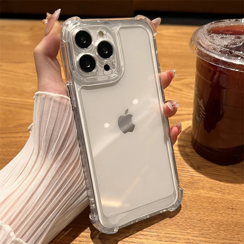 Shockproof Phone Case for iPhone 11 12 13 14 15 Pro Max Plus X XS XR Transparent Bumper Acrylic Hard Back Cover Silver Button