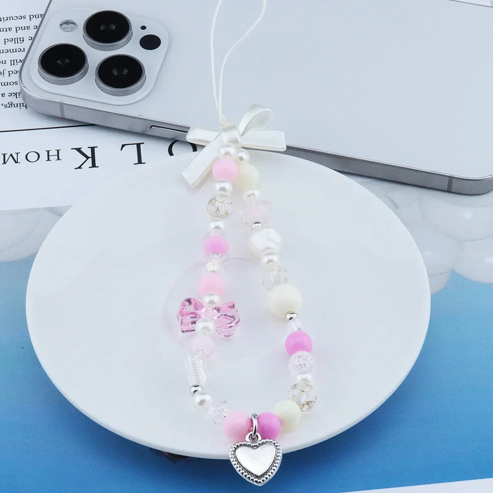 Diy Korean Pink Bear Butterfly Flower Phone Chain Trendy Pendant IPhone Samsung Universal Accessories Cute Phone Hanging Rope