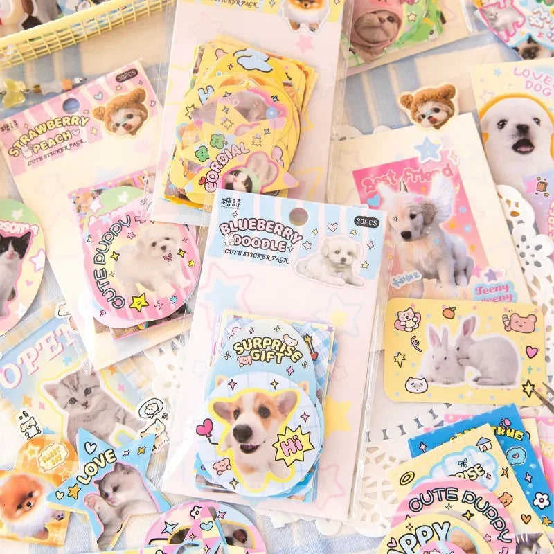 30sheet/set American Style Kawaii Sticker Cute Cartoon Puppy Cat Stationery Sticker DIY Decor Scrapbook Sticker Student Supplies