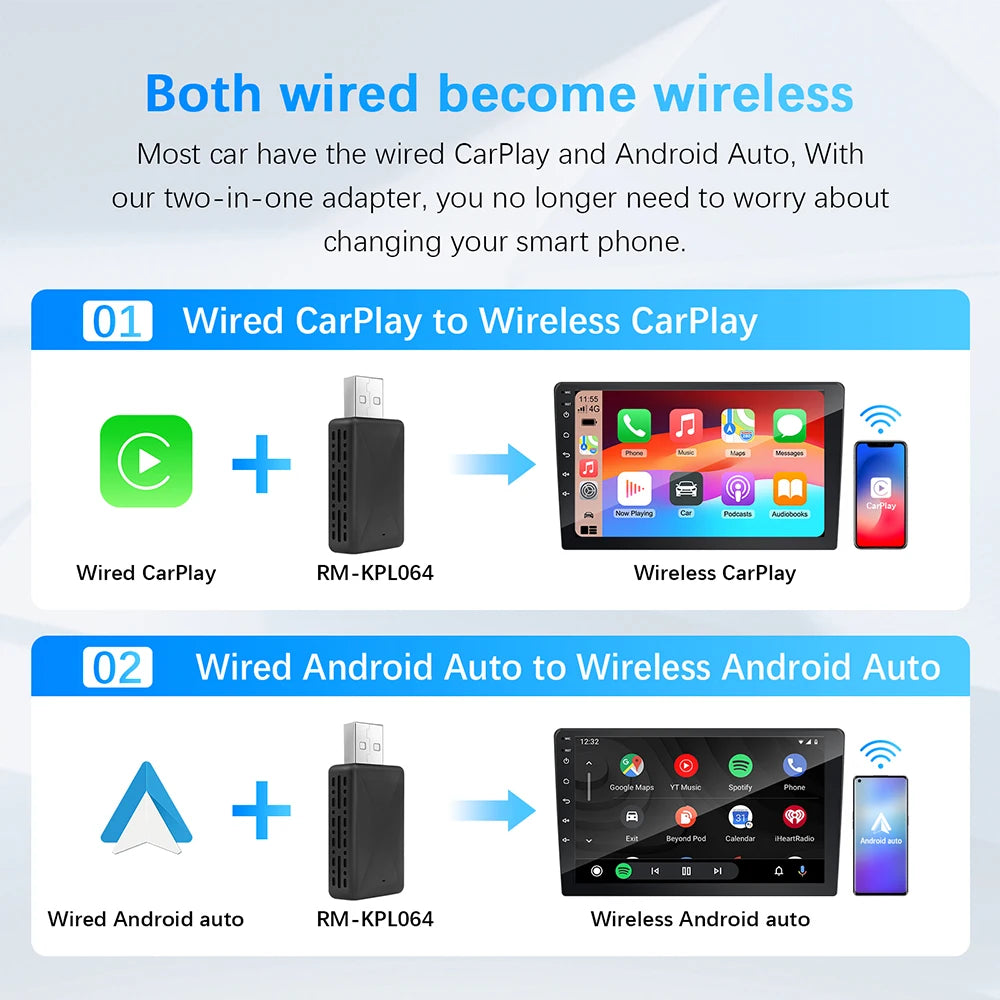 Wireless Carplay Adapter Android Auto Wireless Smart Dongle 2in1 For Volvo Benz Audi Kia Hyundai VW Mazda Cadillac MG Peugeot